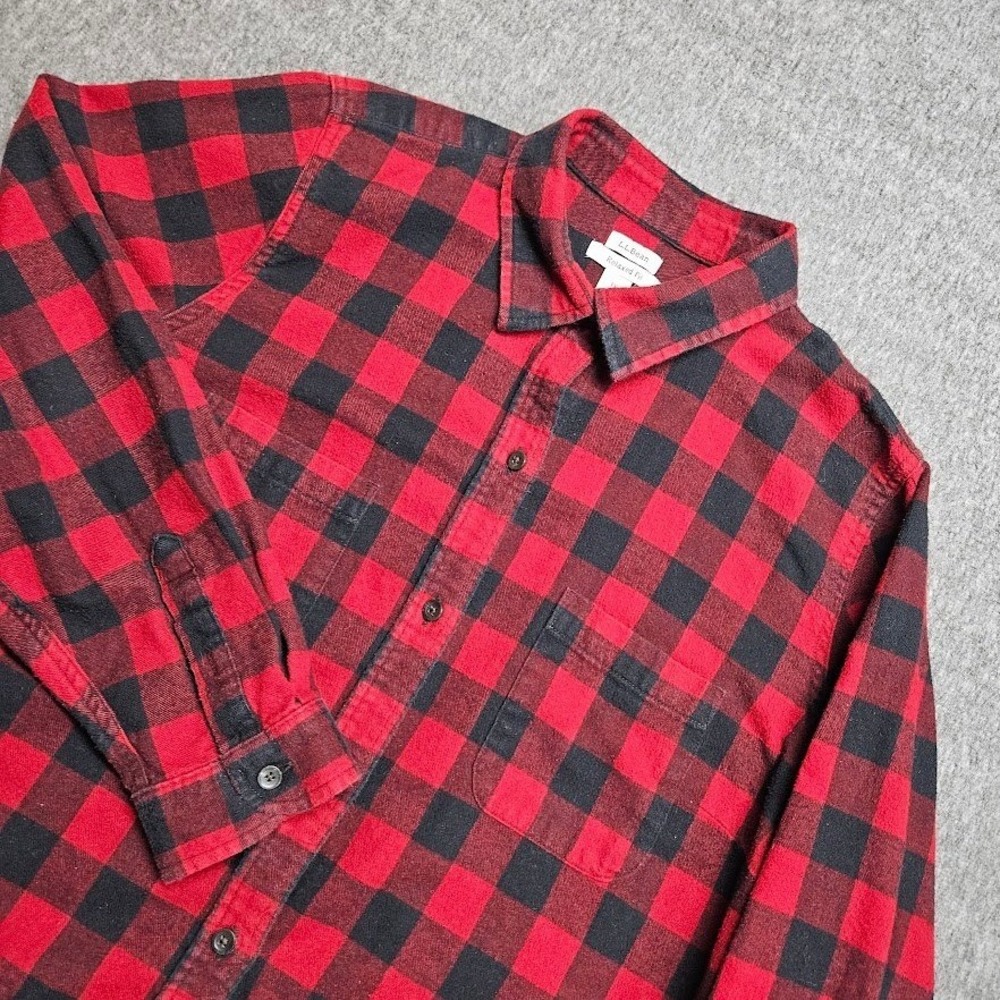 LL Bean Flannel Shirt Womens 1X Red Black Buffalo Plaid Relaxed Fit 512693